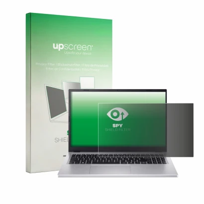Vorderseite einer Produktverpackung mit dem Markenlogo upscreen. Daneben ist das Gerät Acer Extensa 15 mit dem zugehörigen Dis