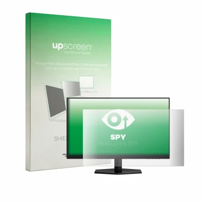 Vorderseite einer Produktverpackung mit dem Markenlogo upscreen. Daneben ist das Gerät AOC Q27G42ZE mit dem zugehörigen Displa