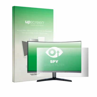 Vorderseite einer Produktverpackung mit dem Markenlogo upscreen. Daneben ist das Gerät Koorui 24E6CA curved mit dem zugehörige