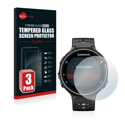 Vorderseite einer Produktverpackung mit dem Markenlogo Savvies. Daneben ist das Gerät Garmin Forerunner 230 mit dem zugehörige