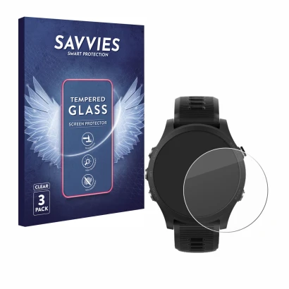 Vorderseite einer Produktverpackung mit dem Markenlogo Savvies. Daneben ist das Gerät Garmin Forerunner 935 mit dem zugehörige