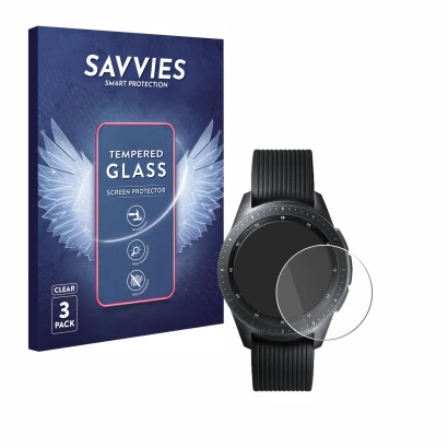 Vorderseite einer Produktverpackung mit dem Markenlogo Savvies. Daneben ist das Gerät Samsung Galaxy Watch (42 mm) mit dem zug