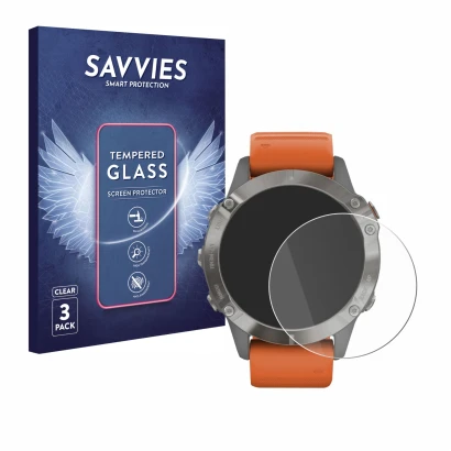 Vorderseite einer Produktverpackung mit dem Markenlogo Savvies. Daneben ist das Gerät Garmin Fenix 6 Pro mit dem zugehörigen D