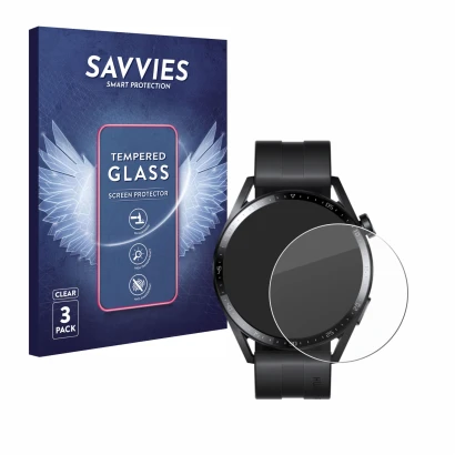 Vorderseite einer Produktverpackung mit dem Markenlogo Savvies. Daneben ist das Gerät Huawei Watch GT 3 (46 mm) mit dem zugehö