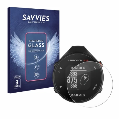 Vorderseite einer Produktverpackung mit dem Markenlogo Savvies. Daneben ist das Gerät Garmin Approach G12 mit dem zugehörigen 