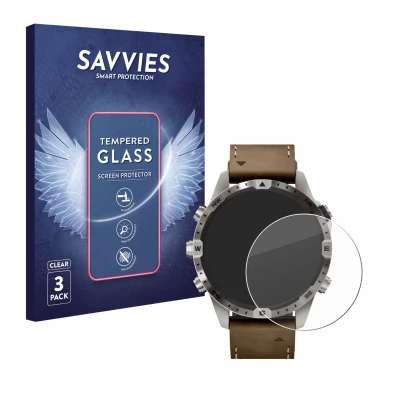 Vorderseite einer Produktverpackung mit dem Markenlogo Savvies. Daneben ist das Gerät Garmin Marq Adventurer (Gen 2) mit dem z