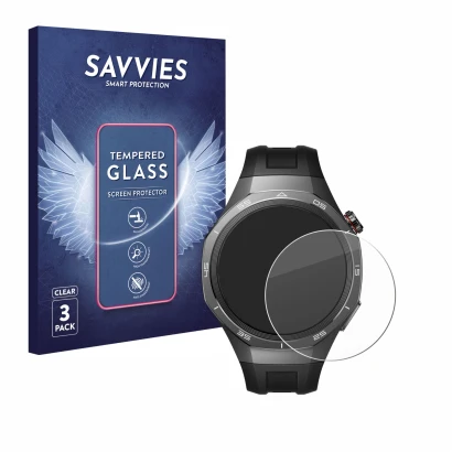 Vorderseite einer Produktverpackung mit dem Markenlogo Savvies. Daneben ist das Gerät Huawei Watch GT 5 Pro (46 mm) mit dem zu