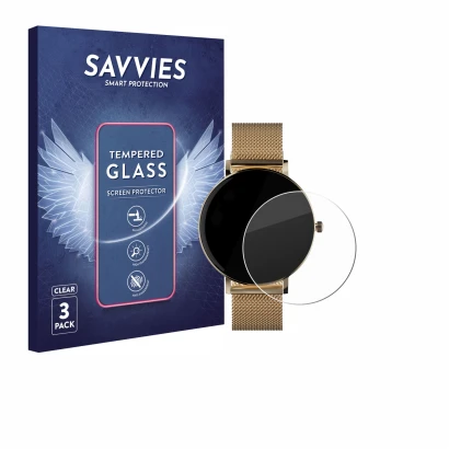 Vorderseite einer Produktverpackung mit dem Markenlogo Savvies. Daneben ist das Gerät ZenWatch Venice Pro mit dem zugehörigen 