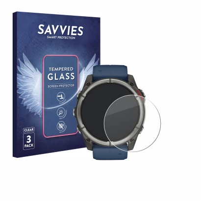 Vorderseite einer Produktverpackung mit dem Markenlogo Savvies. Daneben ist das Gerät Garmin quatix 8 (51 mm) mit dem zugehöri