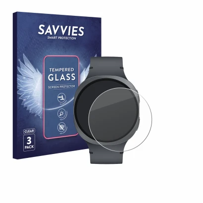 Vorderseite einer Produktverpackung mit dem Markenlogo Savvies. Daneben ist das Gerät Samsung Galaxy Watch 8 (44 mm) mit dem z