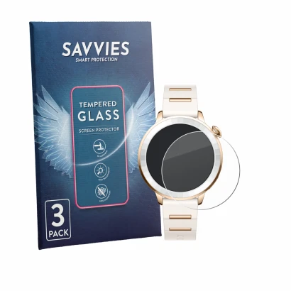 Vorderseite einer Produktverpackung mit dem Markenlogo Savvies. Daneben ist das Gerät Oppo Watch X3 Mini mit dem zugehörigen D