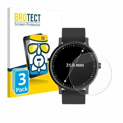 Vorderseite einer Produktverpackung mit dem Markenlogo BROTECT. Daneben ist das Gerät Armbanduhren (Kreisrund, ø: 31 mm) mit d