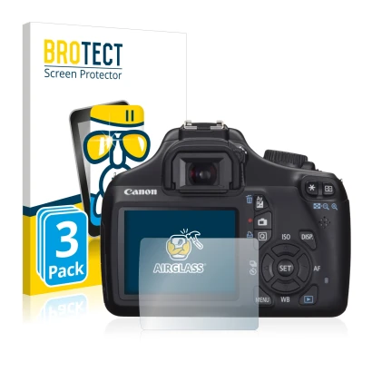 Vorderseite einer Produktverpackung mit dem Markenlogo BROTECT. Daneben ist das Gerät Canon EOS 1100D mit dem zugehörigen Disp