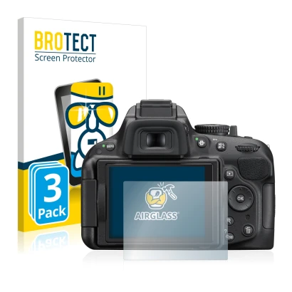 Vorderseite einer Produktverpackung mit dem Markenlogo BROTECT. Daneben ist das Gerät Nikon D5200 mit dem zugehörigen Displays