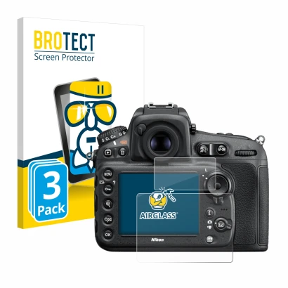 Vorderseite einer Produktverpackung mit dem Markenlogo BROTECT. Daneben ist das Gerät Nikon D810 mit dem zugehörigen Displaysc