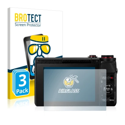 Vorderseite einer Produktverpackung mit dem Markenlogo BROTECT. Daneben ist das Gerät Canon PowerShot G7 X G7X mit dem zugehör