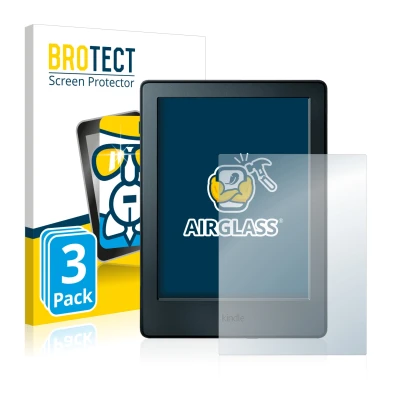 Vorderseite einer Produktverpackung mit dem Markenlogo BROTECT. Daneben ist das Gerät Amazon Kindle 2016 (8. Gen.) mit dem zug