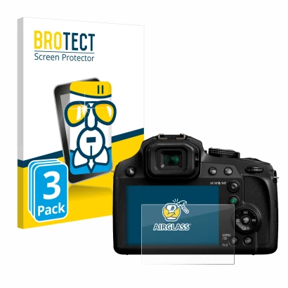 Vorderseite einer Produktverpackung mit dem Markenlogo BROTECT. Daneben ist das Gerät Panasonic Lumix DC-FZ82 mit dem zugehöri