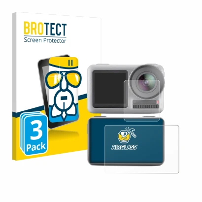 Vorderseite einer Produktverpackung mit dem Markenlogo BROTECT. Daneben ist das Gerät DJI Osmo Action mit dem zugehörigen Disp