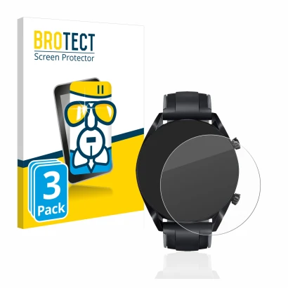 Vorderseite einer Produktverpackung mit dem Markenlogo BROTECT. Daneben ist das Gerät Huawei Watch GT 2 (46 mm) mit dem zugehö