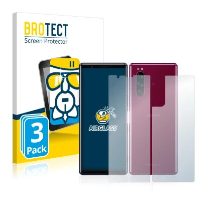 Vorderseite einer Produktverpackung mit dem Markenlogo BROTECT. Daneben ist das Gerät Sony Xperia 5 (Display+Rückseite) mit de