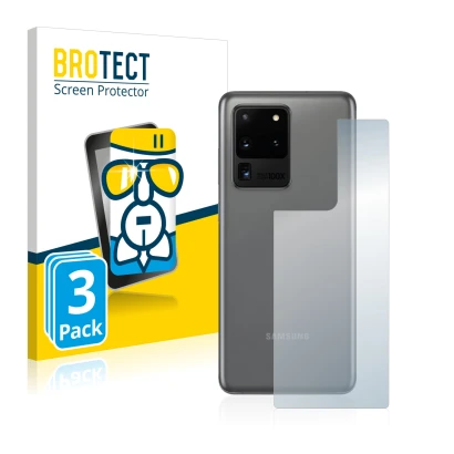 Vorderseite einer Produktverpackung mit dem Markenlogo BROTECT. Daneben ist das Gerät Samsung Galaxy S20 Ultra (Rückseite) mit