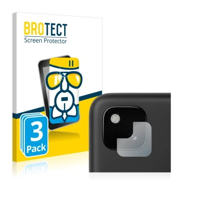 Vorderseite einer Produktverpackung mit dem Markenlogo BROTECT. Daneben ist das Gerät Google Pixel 4a (NUR Kameraschutz) mit d