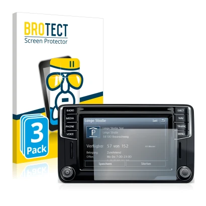Vorderseite einer Produktverpackung mit dem Markenlogo BROTECT. Daneben ist das Gerät Volkswagen Caddy 2015 Discover Media 6.5