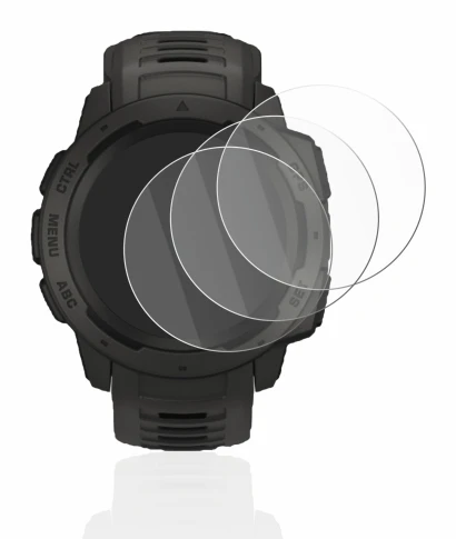 Abbildung des Geräts Garmin Instinct Solar mit einer Vielzahl des Displayschutzes.
