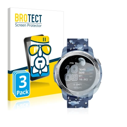 Vorderseite einer Produktverpackung mit dem Markenlogo BROTECT. Daneben ist das Gerät Honor Watch GS Pro mit dem zugehörigen D