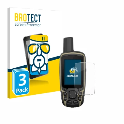 Vorderseite einer Produktverpackung mit dem Markenlogo BROTECT. Daneben ist das Gerät Garmin GPSMAP 65 mit dem zugehörigen Dis
