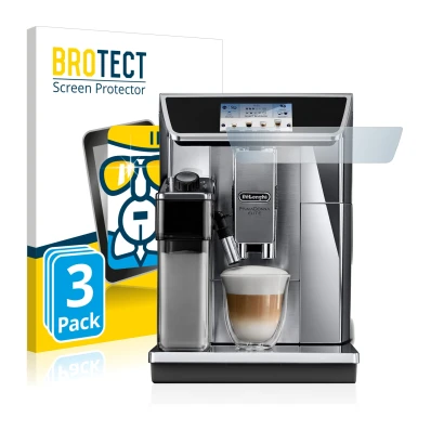 Vorderseite einer Produktverpackung mit dem Markenlogo BROTECT. Daneben ist das Gerät DeLonghi PrimaDonna Elite Experience ECA
