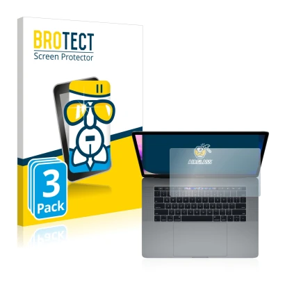 Vorderseite einer Produktverpackung mit dem Markenlogo BROTECT. Daneben ist das Gerät Apple MacBook Pro 15" 2019 (Touch Trackp