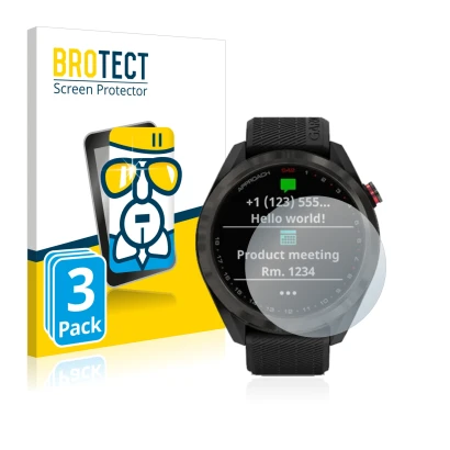 Vorderseite einer Produktverpackung mit dem Markenlogo BROTECT. Daneben ist das Gerät Garmin Approach S42 mit dem zugehörigen