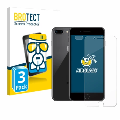 Vorderseite einer Produktverpackung mit dem Markenlogo BROTECT. Daneben ist das Gerät Apple iPhone 8 Plus (Display+Kamera) mit