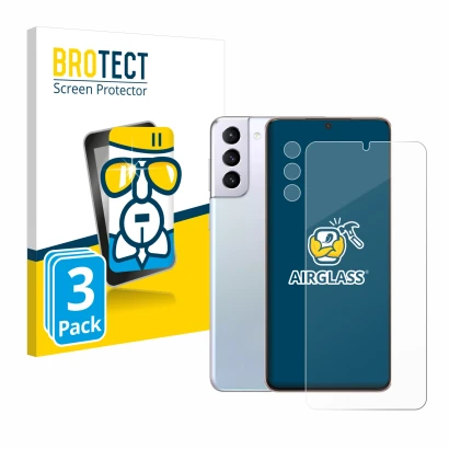 Vorderseite einer Produktverpackung mit dem Markenlogo BROTECT. Daneben ist das Gerät Samsung Galaxy S21 Plus 5G (Display+Kame