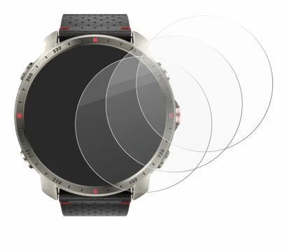 Abbildung des Geräts Polar Grit X Pro Titan mit einer Vielzahl des Displayschutzes.