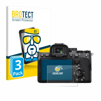 Vorderseite einer Produktverpackung mit dem Markenlogo BROTECT. Daneben ist das Gerät Sony Alpha 7 IV mit dem zugehörigen Disp