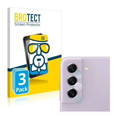 Vorderseite einer Produktverpackung mit dem Markenlogo BROTECT. Daneben ist das Gerät Samsung Galaxy S21 FE 5G (NUR Kameraschu