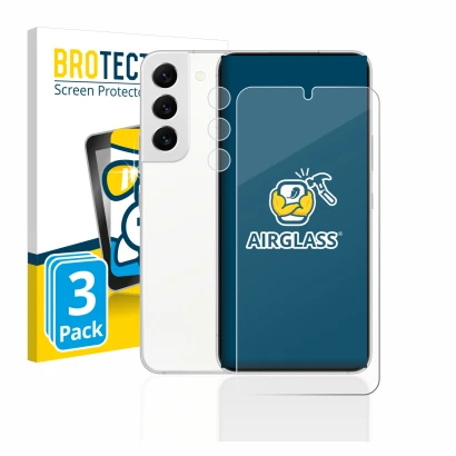 Vorderseite einer Produktverpackung mit dem Markenlogo BROTECT. Daneben ist das Gerät Samsung Galaxy S22 5G (Display+Kamera) m