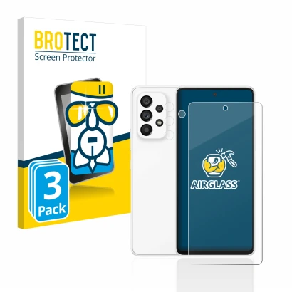 Vorderseite einer Produktverpackung mit dem Markenlogo BROTECT. Daneben ist das Gerät Samsung Galaxy A53 5G (Display+Kamera) m