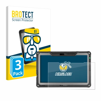 Vorderseite einer Produktverpackung mit dem Markenlogo BROTECT. Daneben ist das Gerät Getac F110 G6 mit dem zugehörigen Displa