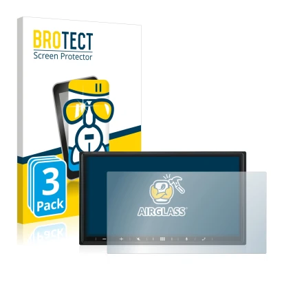 Vorderseite einer Produktverpackung mit dem Markenlogo BROTECT. Daneben ist das Gerät Alpine iLX-W690D mit dem zugehörigen Dis