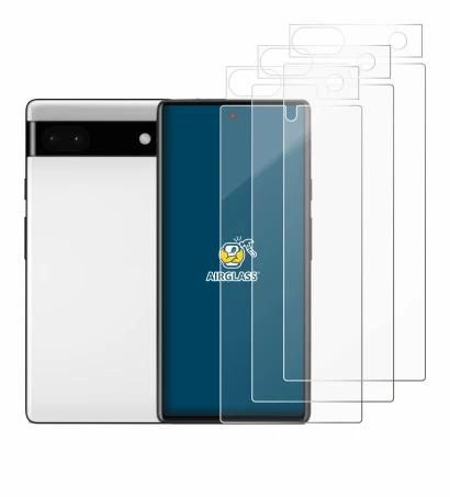 Abbildung des Geräts Google Pixel 6a (Display+Kamera) mit einer Vielzahl des Displayschutzes.