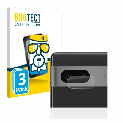 Vorderseite einer Produktverpackung mit dem Markenlogo BROTECT. Daneben ist das Gerät Google Pixel 7 (NUR Kameraschutz) mit de