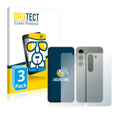 Vorderseite einer Produktverpackung mit dem Markenlogo BROTECT. Daneben ist das Gerät Samsung Galaxy S23 (Display+Rückseite) m
