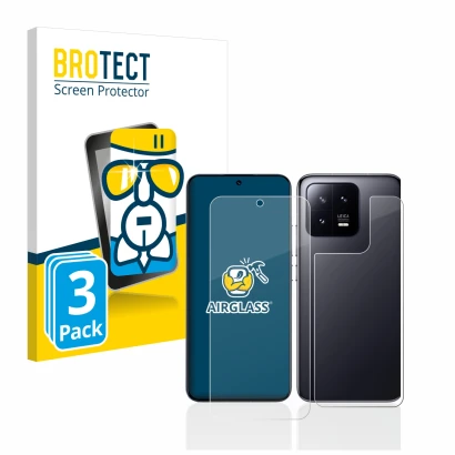 Vorderseite einer Produktverpackung mit dem Markenlogo BROTECT. Daneben ist das Gerät Xiaomi 13 (Display+Rückseite) mit dem zu