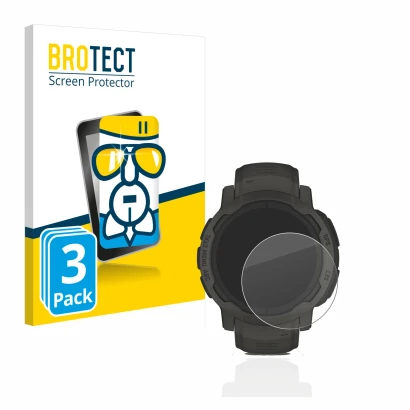 Vorderseite einer Produktverpackung mit dem Markenlogo BROTECT. Daneben ist das Gerät Garmin Instinct 2 Solar mit dem zugehöri