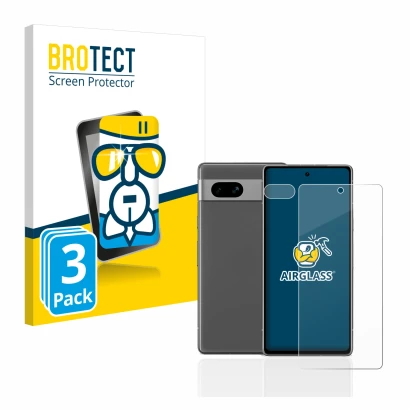 Vorderseite einer Produktverpackung mit dem Markenlogo BROTECT. Daneben ist das Gerät Google Pixel 7a (Display+Kamera) mit dem