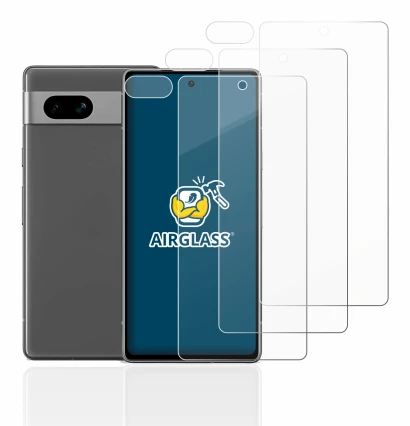 Abbildung des Geräts Google Pixel 7a (Display+Kamera) mit einer Vielzahl des Displayschutzes.
